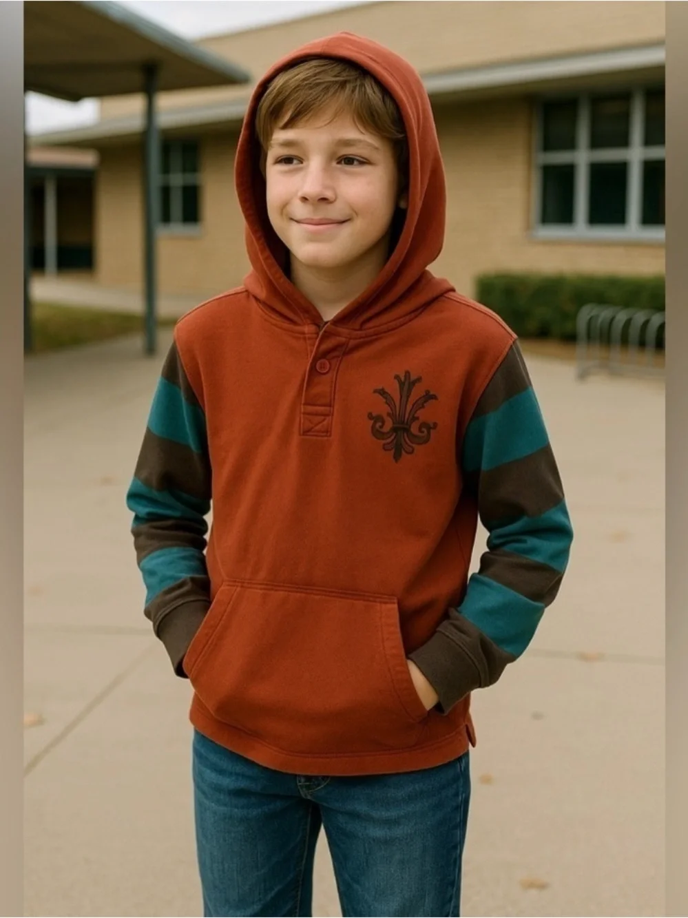 Old Navy Rust Hooded Sweatshirt with Teal and Brown Stripe Sleeves